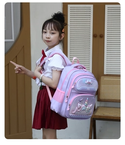 Detail view of purple unicorn schoolbag with multiple pockets on a young girl student