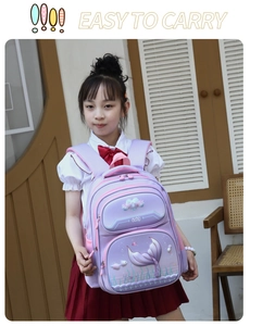 Purple ergonomic kids backpack with 3D mermaid tail and padded shoulder straps for school