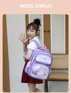 Close-up of cute purple kids backpack with butterfly pattern on a young girl student