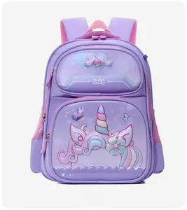 Front view of purple kids backpack with unicorn butterfly print and heart wing decor