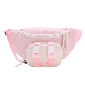 Pink and beige color-block kids waist bag with double buckles and COOL B print