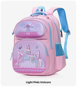 Detail of light pink kids backpack featuring 3D cake design and unicorn front pocket