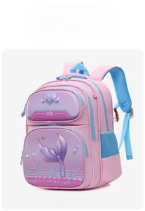 Detail view of pink mermaid themed schoolbag with 3D purple tail and heart pattern