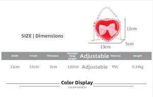 Size chart for heart-shaped mini bag with dimensions 13x11x5cm and pearl handle details