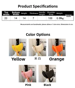 Size chart for kids crescent crossbody bag with dimensions and five color options