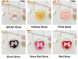 Collage of mini heart-shaped pearl bags in six colors with gold chain straps