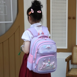 Cute purple unicorn school backpack with large capacity for young girls on child model
