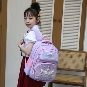 Purple unicorn school backpack for girls with cartoon patterns and large capacity
