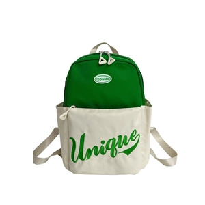 Green and cream contrast canvas backpack for kids featuring embroidered Unique lettering