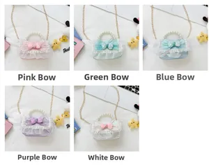 Five assorted sequined bow mini handbags with pearl handles in pink green blue and purple