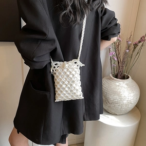 Elegant white pearl beaded mini crossbody bag with drawstring satin lining for women