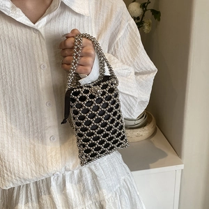 Chic silver beaded square shoulder bag with black drawstring liner for women