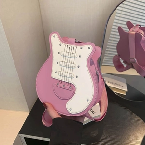 Novelty Guitar Shaped Shoulder Bag Women PU Leather Contrast Color Adjustable Strap Creative Punk Crossbody Handbag