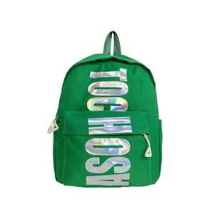 Neon green kids school backpack with holographic TOO COOL letter print for boys and girls