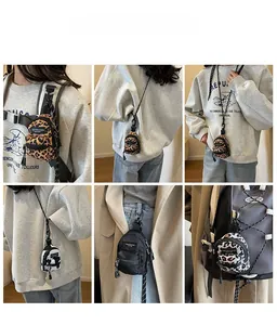 Mini leopard print crossbody bag showing various wearing styles for outdoor use
