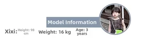 Guide des tailles sac bandoulière enfant avec détails du mannequin de 98 cm et coupe