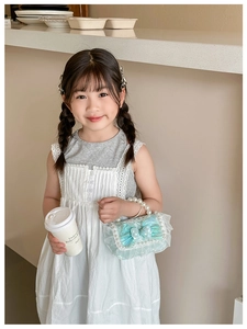 Detail of light blue girls' lace crossbody bag with pearl handle and bow accent