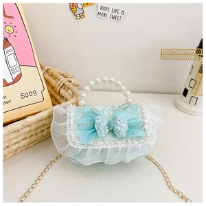 Detail of mint green girl's purse with sequin bow, pearl handle and lace trim