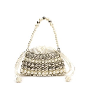 Chic kids pearl beaded crossbody bag with contrast metallic beads and satin drawstring