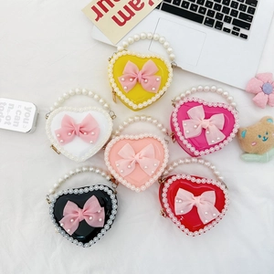 Kids Heart Shaped Crossbody Bag PVC Artificial Pearl Handle Bow Decor Lace Trim Metal Chain Strap Fashion Cute Handbag For Girls