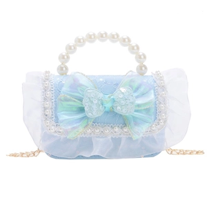 Kids blue lace shoulder bag with sequin bow, pearl handle, and golden chain strap