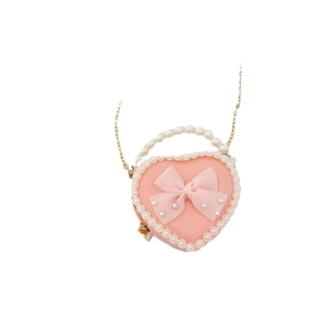 Pink heart-shaped girl's crossbody bag with pearl handle and lace trim detailing