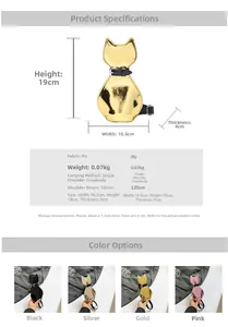Detailed size chart for cat-shaped patent leather crossbody bag with dimensions and colors