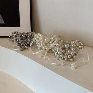 Mini Kids Shoulder Bag Faux Artificial Pearl Handmade Woven Handbag With Chain Strap Sweet Princess Crossbody For Girls