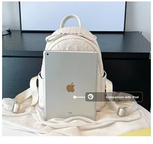 Size comparison of small crocodile pattern white backpack next to an iPad tablet