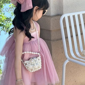 Girl's mini pearl handbag and necklace set with crossbody chain for elegant summer outfits