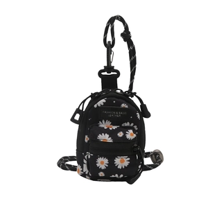 Mini black daisy backpack-shaped shoulder bag with crossbody strap and double zipper pockets