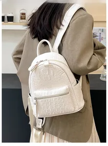 Close-up of white crocodile pattern mini backpack with polished zippers and stylish straps