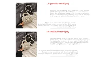 Size chart for pearl woven pillow bags showing dimensions for large and small models