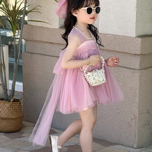 Pink tulle princess dress for girls with multi-layer mesh and decorative long ribbons