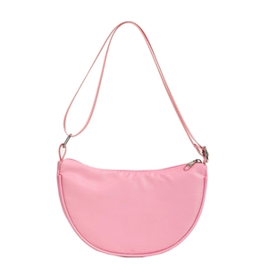 Pink semi-circle children crossbody bag with adjustable strap on white background