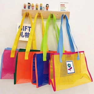 Sac Fourre-tout En Maille Pour Enfants Respirant Bloc De Couleur Écusson Fleuri Sac À Main De Plage Été Pour Garçons Filles À La Mode