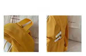 Detail of yellow nylon backpack featuring reinforced handle and side pockets with buckles