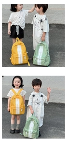 Detail of color-block kids backpack with adjustable straps and front zipper pocket