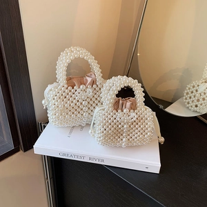 Kids Artificial Pearl Woven Shoulder Bag Sweet Princess Beaded Handbag With Satin Lining For Girls Toddler Elegant Crossbody Bag