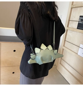 Detail of mint green dinosaur crossbody bag showing back fins and detachable strap