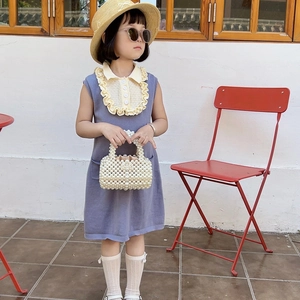 Elegant kids' blue knit dress with woven pearl handbag and straw hat for summer