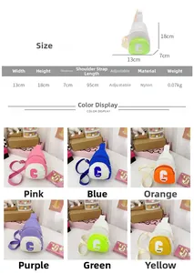 Detailed size guide and color options for nylon kids' crossbody chest bag with C logo