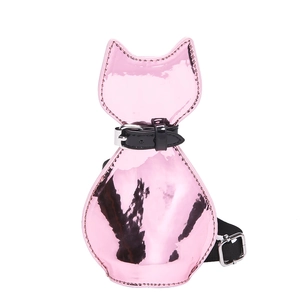 Glossy pink cat-shaped crossbody bag with decorative collar on white background
