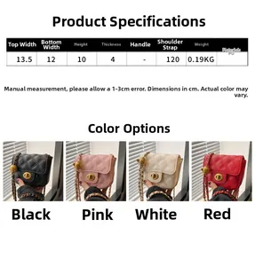 Detailed size specifications for a mini quilted crossbody bag with gold chain and ball