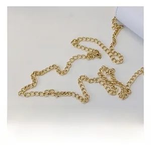 Detailed close-up of the glossy golden hardware chain links with high shine finish