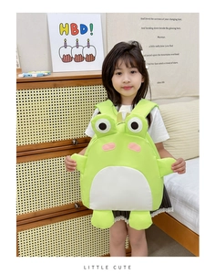 Detail of cute green frog backpack for kids with 3D eyes and soft adjustable straps