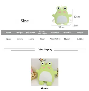 Detailed size chart for kids frog backpack showing nylon material and dimensions