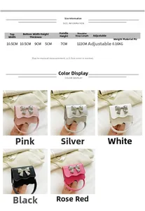 Detailed size chart and multi-color options for mini PU bow shoulder bag for girls