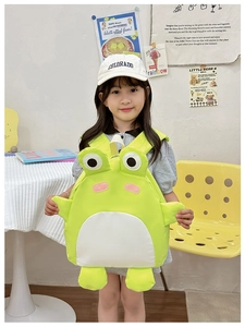 Detail of cute green frog cartoon backpack for kids made of durable nylon material