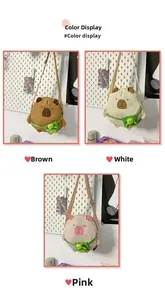Three colors of capybara plush bags with small green turtle charms and adjustable straps
